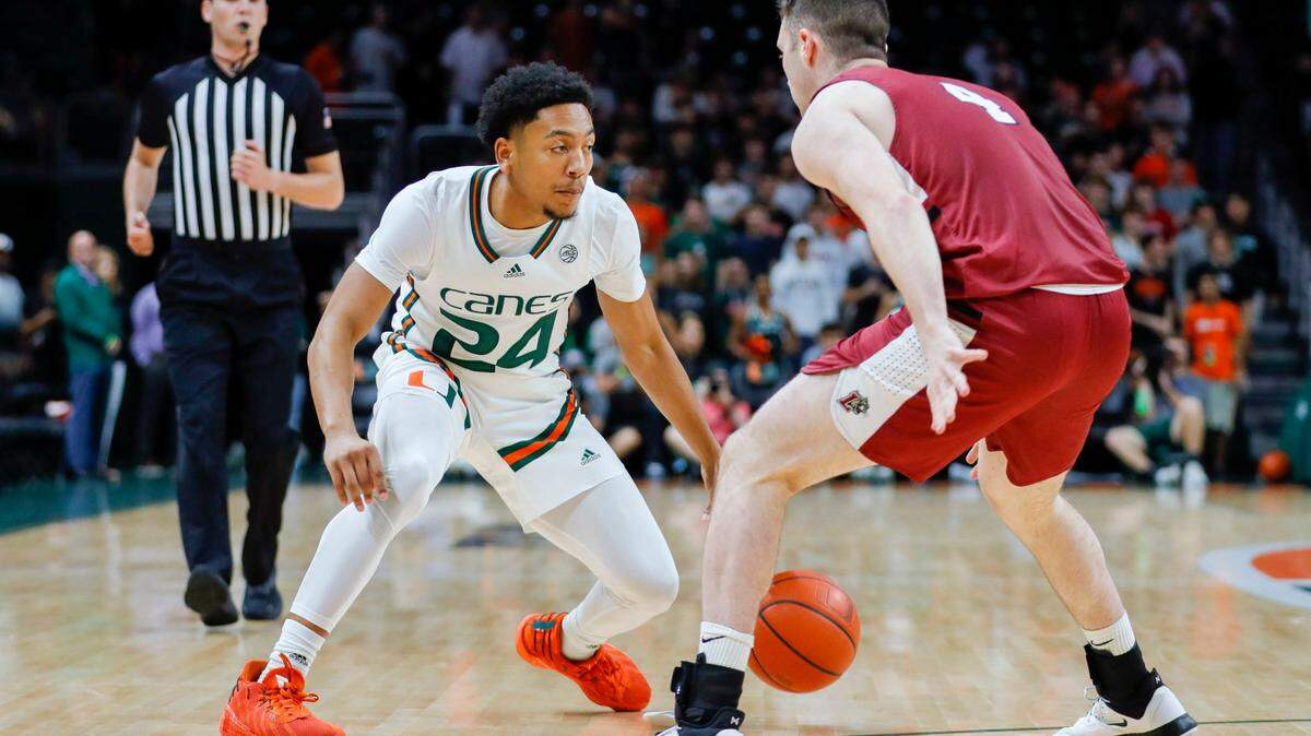 Miami Hurricanes guard Nijel Pack (24) has averaged 17 points over the past three games heading into the road game vs Pitt on Jan. 28, 2023.