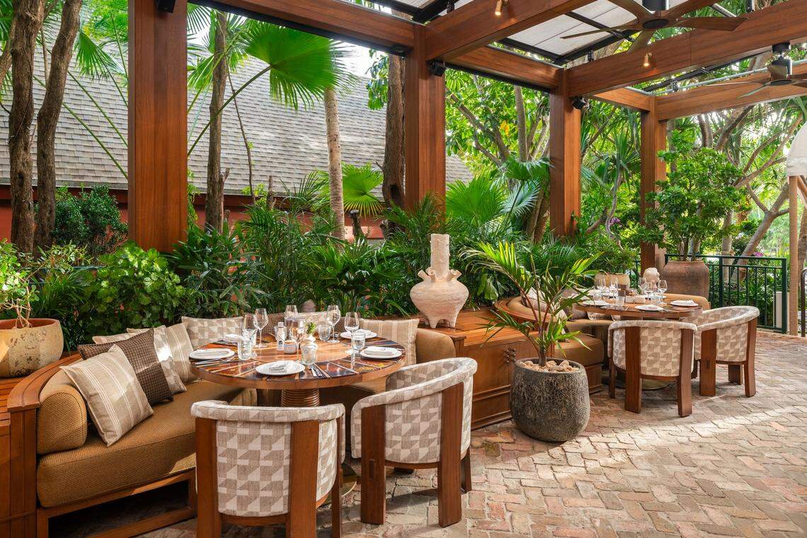 The outdoor terrace at Ava MediterrAegean restaurant in Coconut Grove.