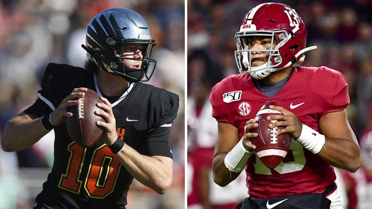 Oregon’s Justin Herbert, left, and Alabama’s Tua Tagovailoa presented a quarterback decision for the Dolphins in the 2020 draft. Miami chose Tua. Sunday, the two meet for the first time as pros.