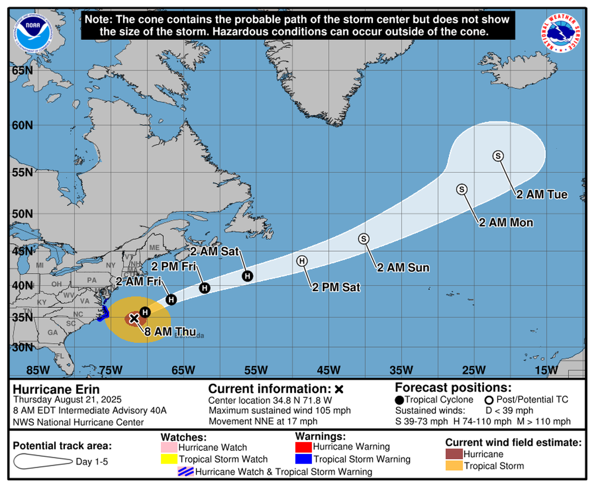 Hurricane Erin’s outer bands battered North Carolina, Virginia and Maryland on Thursday as the massive storm scraped the coastline.