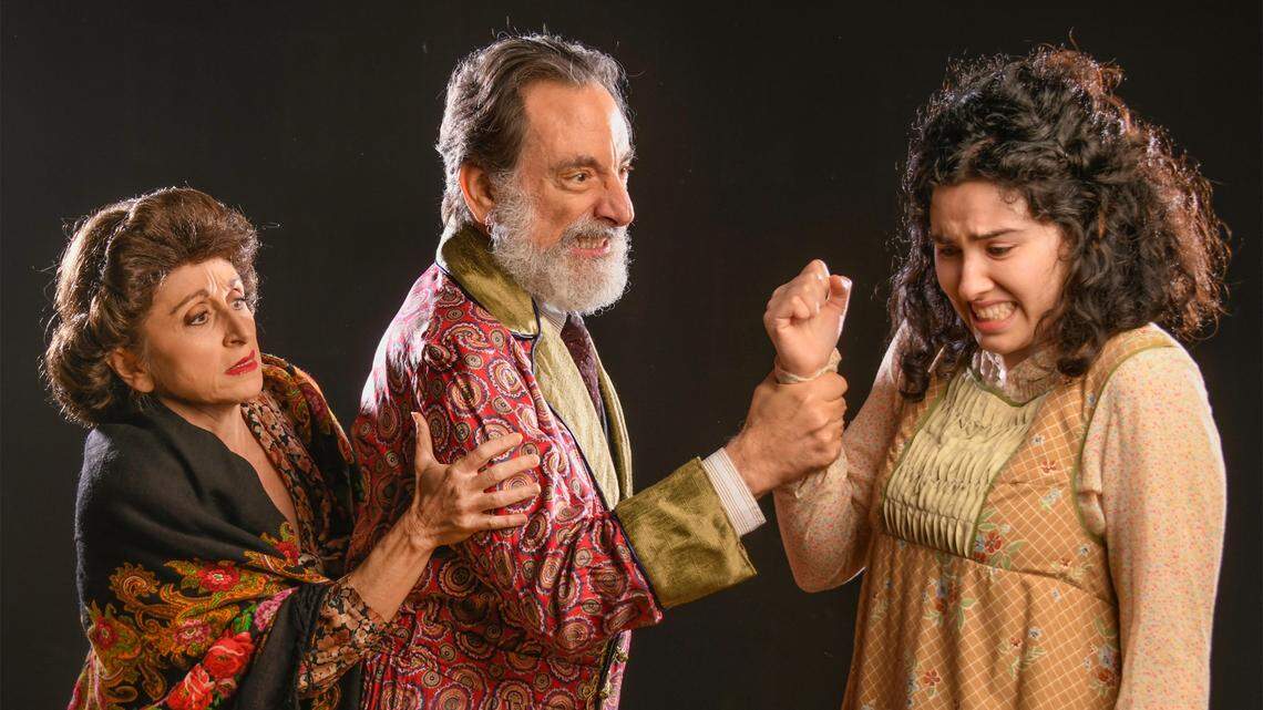 Irene Adjan and David Kwiat confront Hannah Benitez in GableStage’s ‘Indecent.’