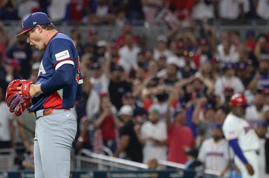 United States pitcher Mason Miller (19), reacts after winning the game to advance the U.S. to the finals during the semi-finals of the World Baseball Classic United States vs. Dominican Republic at the loanDepot Park on Sunday, March 15, 2026, in Miami, Florida.