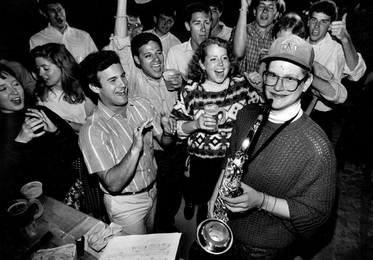 Following a pep-rally Saturday evening at Penrod's on Miami Beach, "Make A Wish" recipient, Kurt Weiss played a few march songs and was cheered on by the Notre Dame saxophone section.