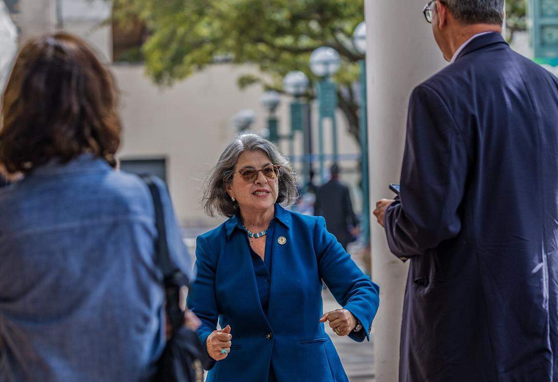 Miami-Dade Mayor Daniella Levine Cava arrives to a press conference she called County Hall, to put pressure on county commissioners to sustain her veto of a new headquarters for Kelly Tractor off of State Road 836 and outside the county's Urban Development Boundary., on Tuesday, February 17, 2026.