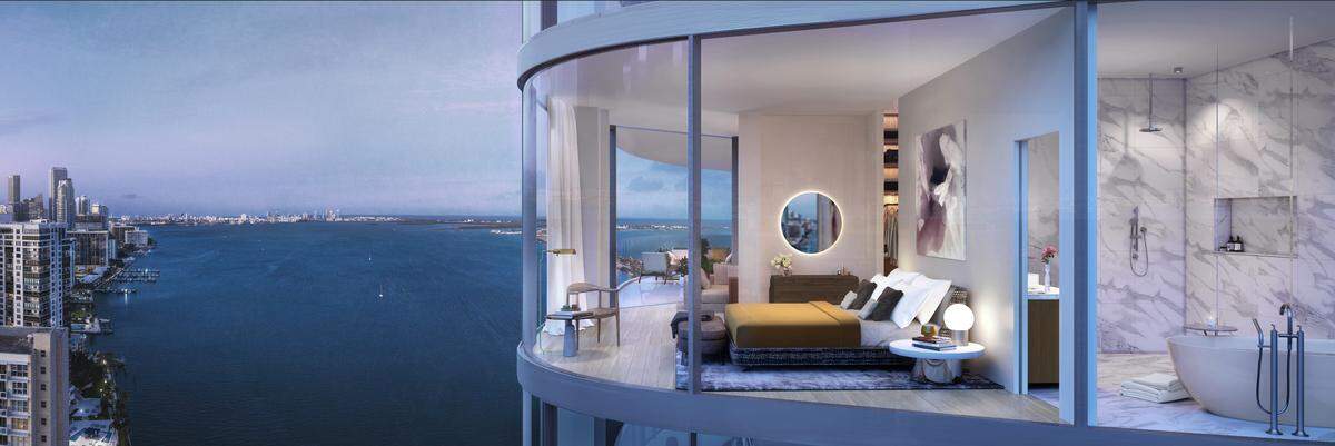 Architectural rendering of the exterior view of a bedroom inside one of the condos at Una Residences in Brickell.