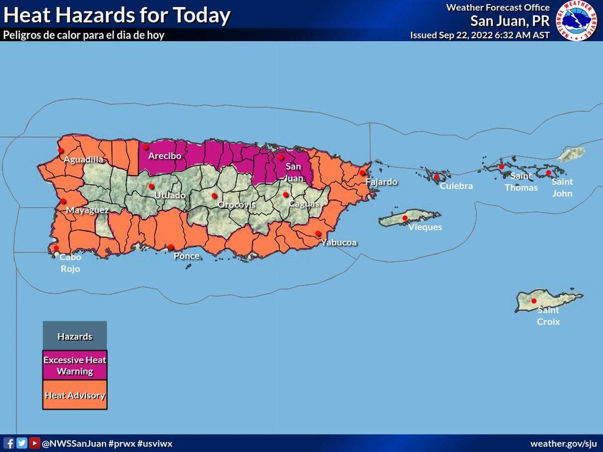 The National Weather Service in San Juan issued heat advisories and warnings for most coastal municipalities of Puerto Rico on Thursday, Sept. 22, 2022.