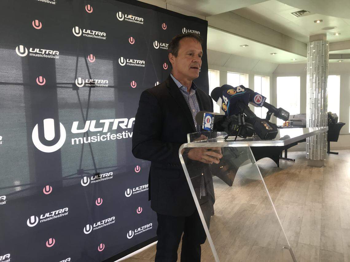 Ultra security director Ray Martinez announces an additional three and a half hours of a closed lane for bus service leaving the concert Saturday night and Sunday after the event’s debut on Virginia Key saw hundreds, if not thousands, of concert goers walk over the William Powell Bridge when there weren’t enough buses for them.