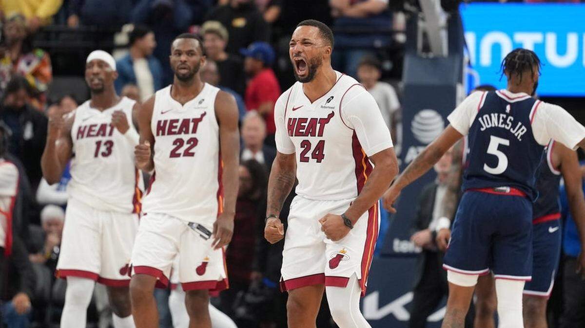 Nov 3, 2025; Inglewood, California, USA; Miami Heat guard Norman Powell (24) celebrates at the end of the game against the LA Clippers at Intuit Dome.               