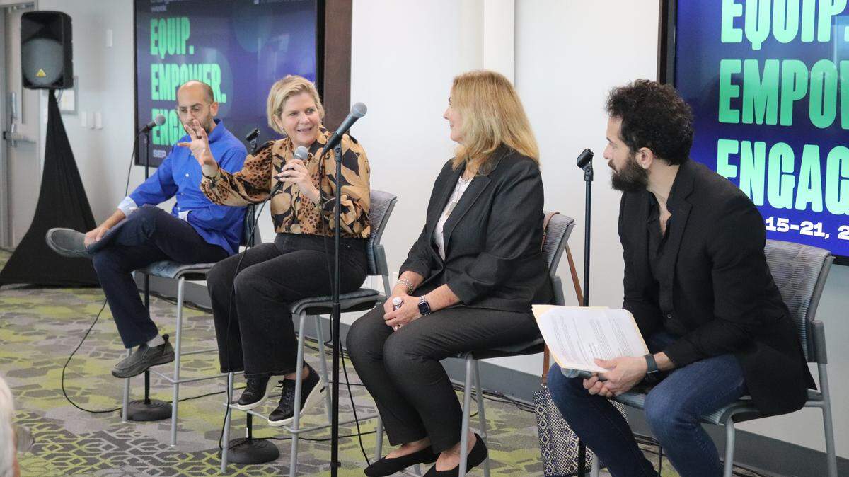 Panelists Professor Iqbal Akhtar (far left), Rev. Audrey Warren and Rabbi Jamie Aklepi speak to Miami-Dade College students about how interfaith dialogue can foster peace, mutual understanding, and social cohesion in a time of deepening division.