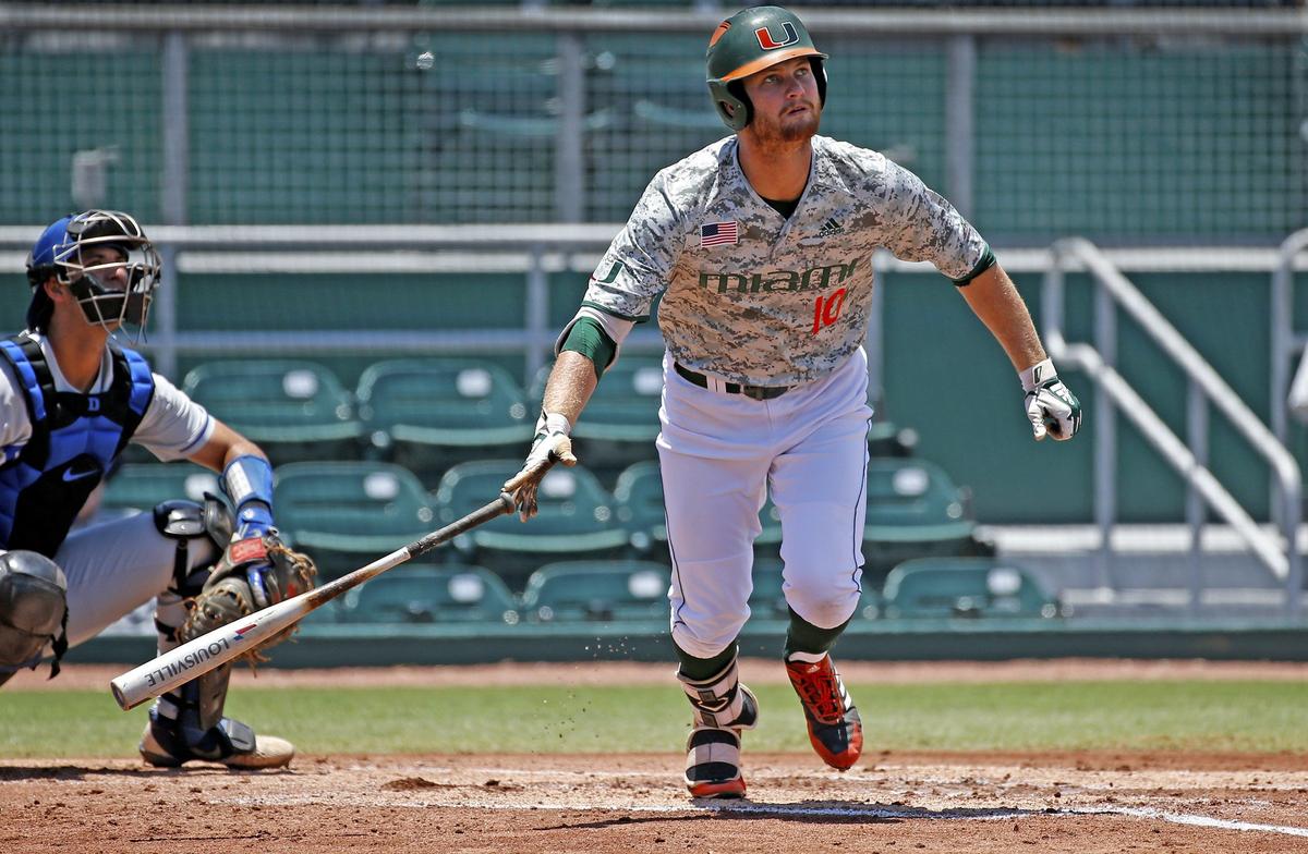 University of Miami JP Gates (10) hits a double in the second inning as the University of Miami plays its final regular-season game against ACC foe Duke at Alex Rodriguez Park at Mark Light Field on Saturday, May 18, 2019.