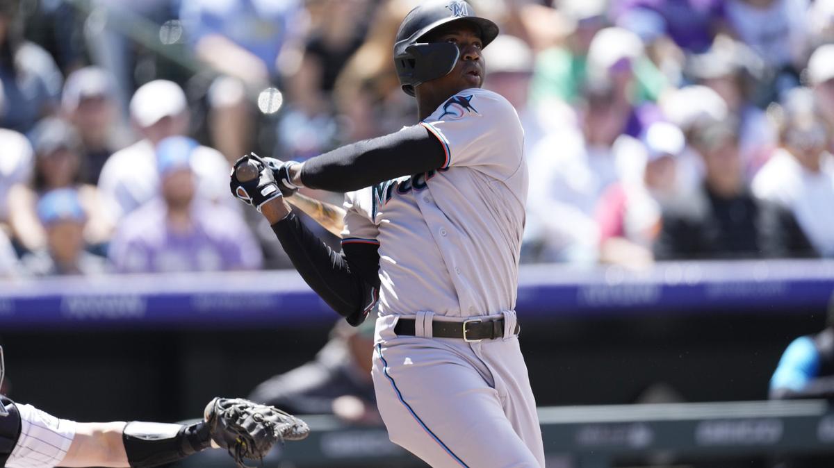 Jesus Sanchez watches his 496-foot home run, the longest in the major leagues this season and tied for second-longest ever hit at Coors Field.
