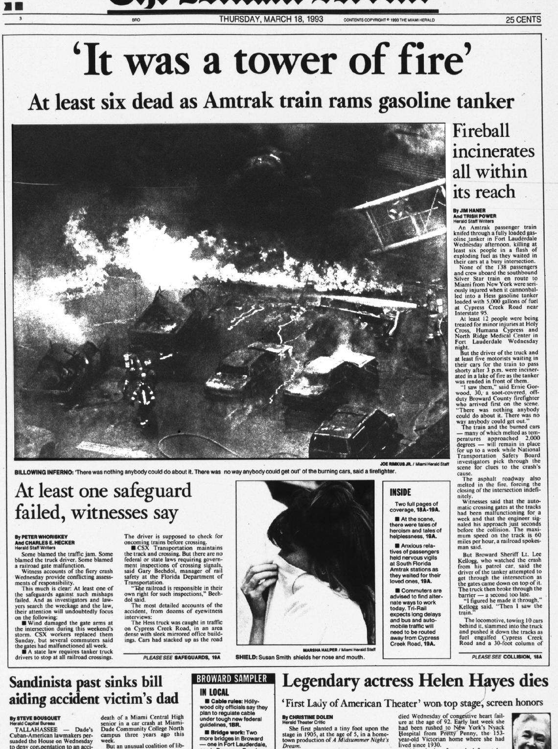 Front page on March 18, 1993, reports a collision between an Amtrak train and a gasoline tanker truck at Cypress Creek Road in Broward.