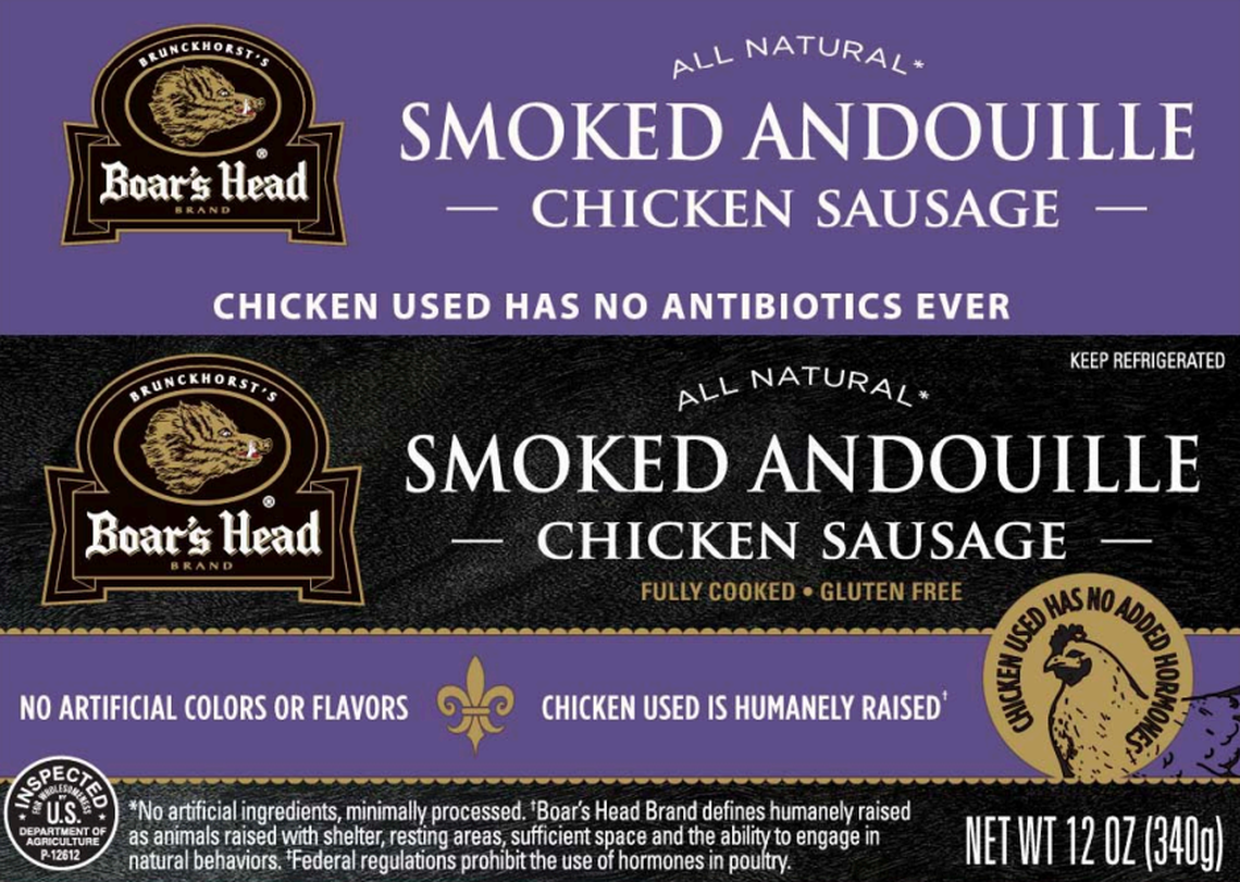 The label for recalled Boar’s Head Smoked Andouille Chicken Sausage