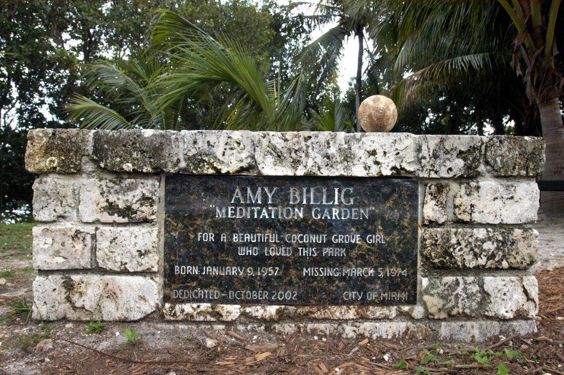 A worn softball, a sentimental reminder of the young girl lost 30 years ago sits atop a stone bench placed in memory of Amy Billig. The bench marks the meditation garden dedicated to her in a corner of Peacock Park in Coconut Grove. Billig disappeared mysteriously in 1974.