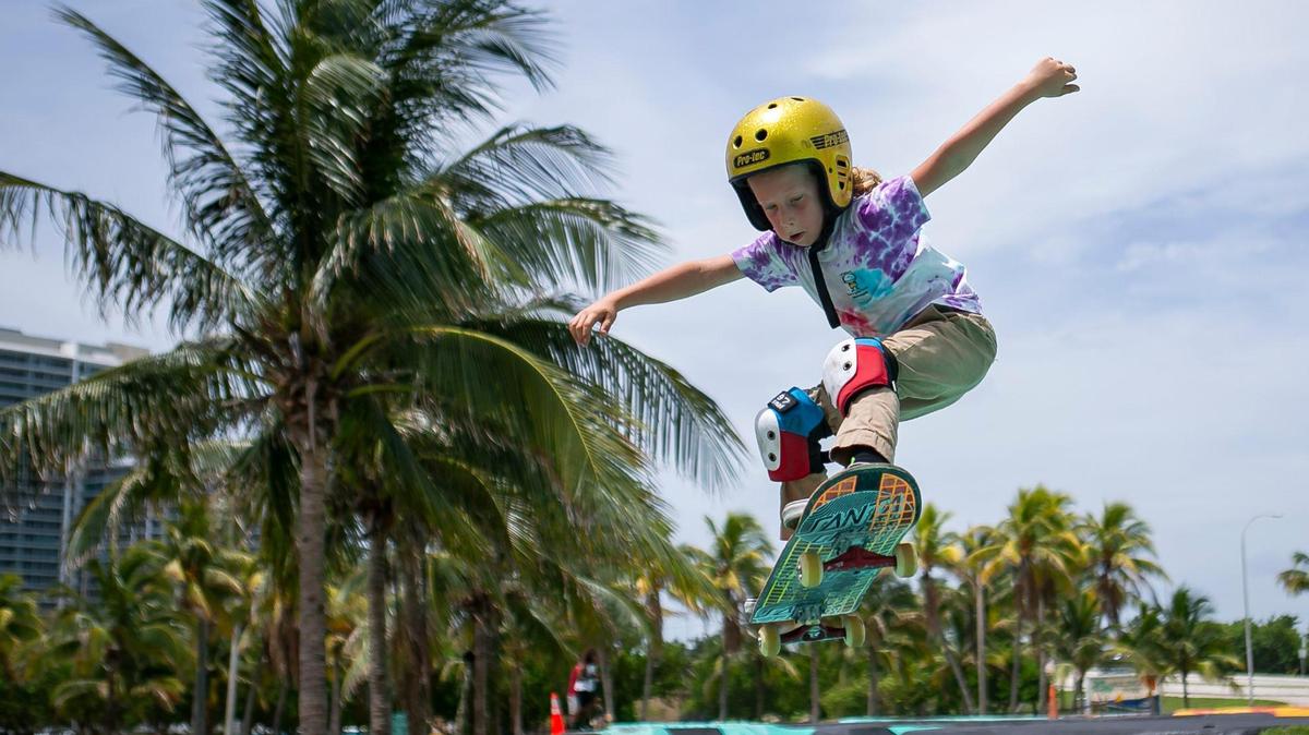 Noah De Jongh, 6, skates at Haulover Skateboard Park as high heat index temperatures and humidity continue across South Florida on Monday, June 21, 2021.