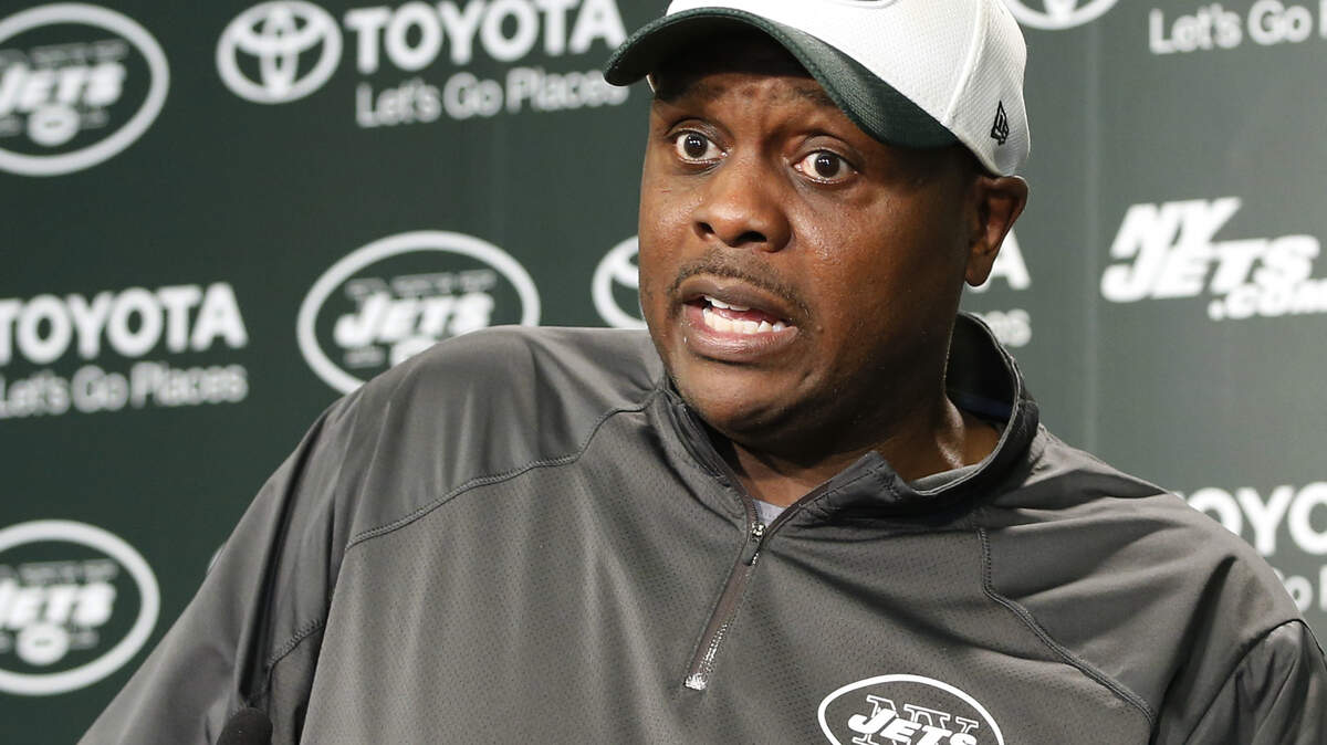In this May 25, 2016, file photo, New York Jets defensive coordinator Kacy Rodgers speaks to reporters, in Florham Park, N.J. Jets defensive coordinator Kacy Rodgers is dealing with what coach Todd Bowles calls a “serious” illness and it’s uncertain if he’ll be on the sideline for the team’s game against Denver.
