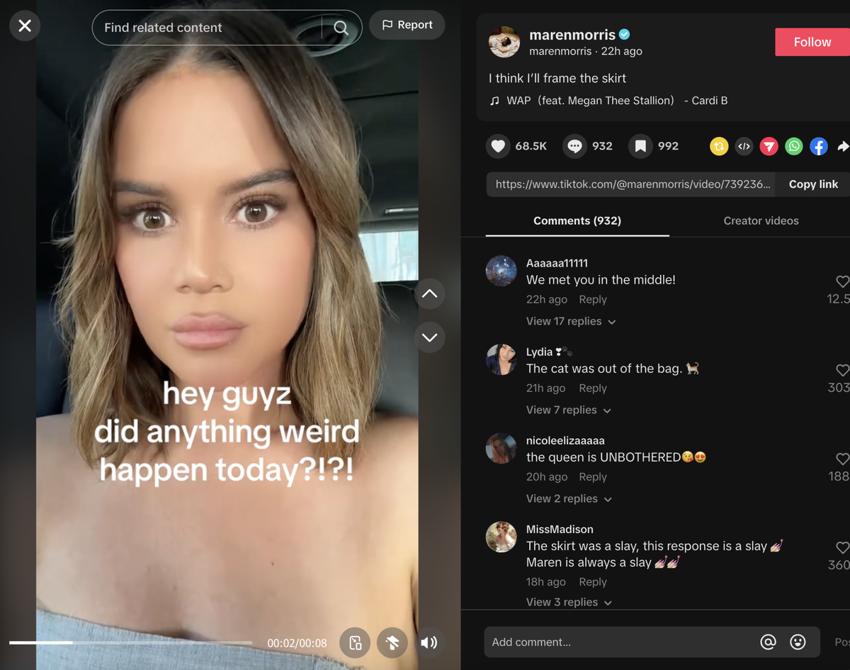 Country music star Maren Morris reacts after scandalous wardrobe malfunction on stage