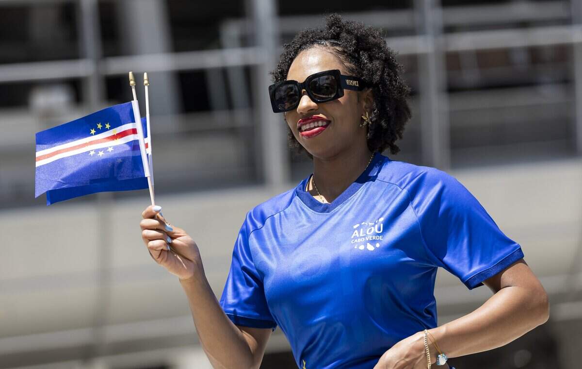 Djamila Dossantos, 28, a Cape Verde fan, arrives to Hard Rock Stadium before her team's World Cup Group H soccer match against Uruguay on Sunday, June 21, 2026, in Miami Gardens, Fla.