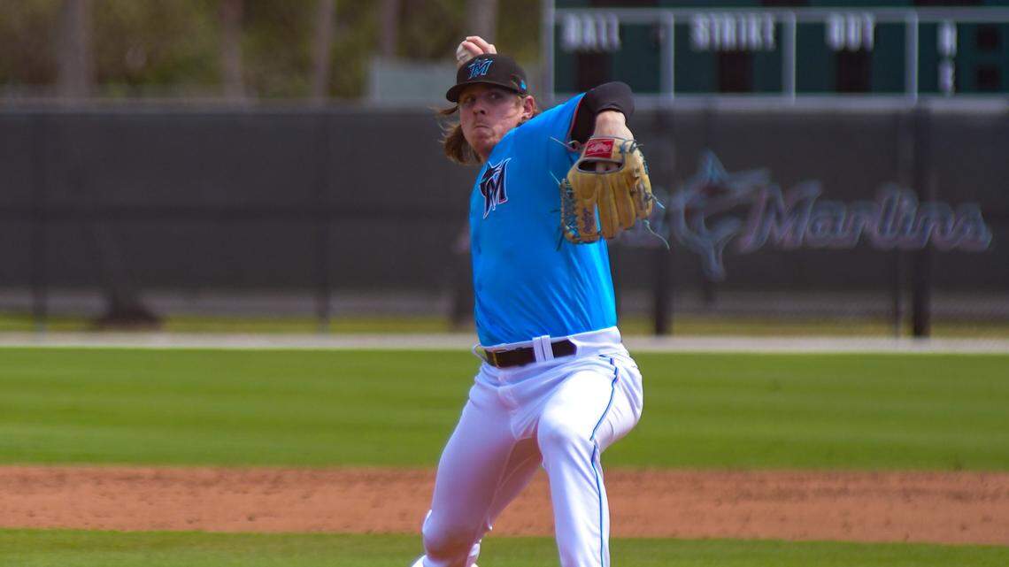 Jeff Brigham pitches in an intrasquad game as part of the Miami Marlins’ development camp on March 10, 2022, on the back fields of the Roger Dean Chevrolet Stadium complex in Jupiter, Florida.