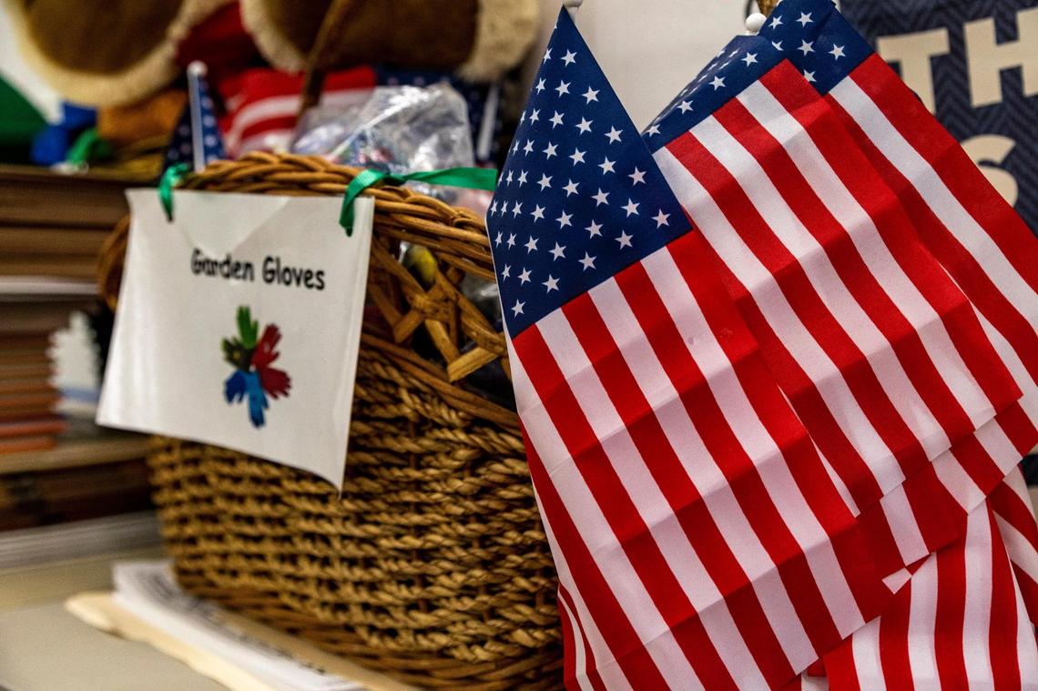 Pembroke Pines, Florida, August 8, 2022 - A basket of American flags and gardening gloves in Dr. Denise Soufrine’s kindergarten classroom at Pembroke Pines Elementary. The first day of classes is Tuesday, Aug. 16.