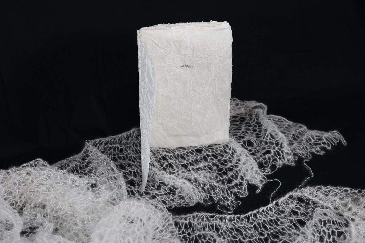 “Milk Teeth,” a book made of air-dried handmade kozo paper, by Lisa Haque, 2018. Part of the show “Spheres of Meaning” at the Frost FIU Art Museum through Aug. 25, 2019.