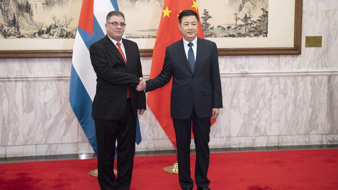 Chinese Minister of Public Security Wang Xiaohong meets with Cuban Interior Minister Lazaro Alberto Alvarez Casas in Beijing, China, on May 20, 2023.