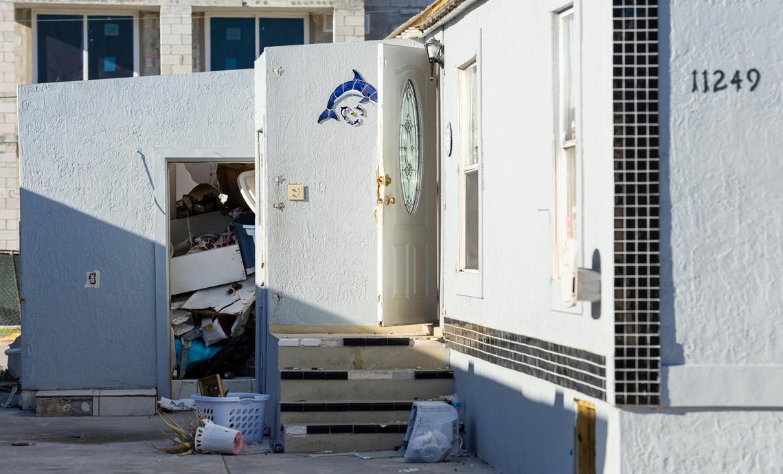 A view of a mobile home on Northwest Third Terrace in the Li’l Abner Mobile Home Park on Friday, March 7, 2025, in Sweetwater, Florida.