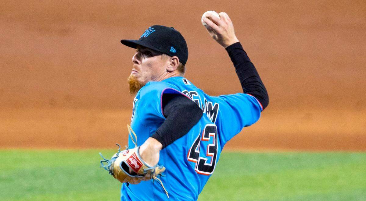 Marlins right-handed pitcher Jeff Brigham (43) pitches the ball during a intra squad simulated game at Marlins Park in Miami, Florida on Sunday, July 12, 2020.