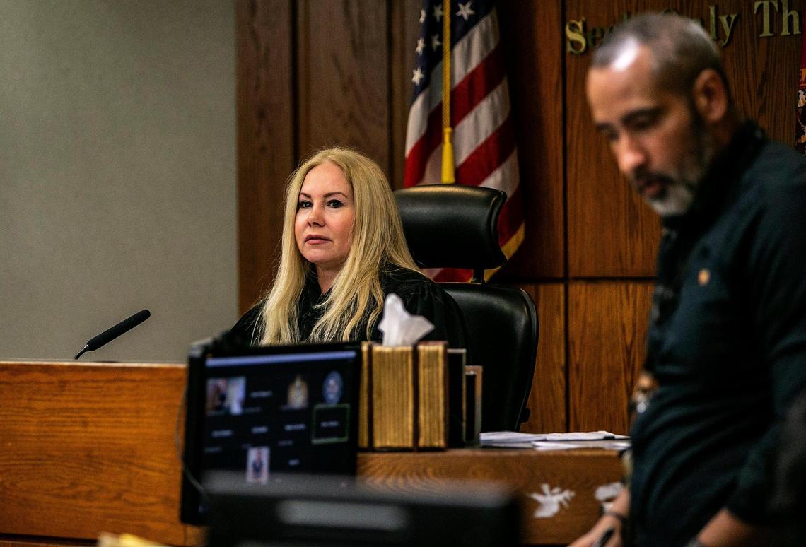 Circuit Judge Cristina Miranda presides during a hearing for defendant Desiray Strickland, who is accused of participating in the murder of a Homestead student in June 2015. The hearing took place at the Richard E. Gerstein Justice Building in Miami, on Wednesday, May 11, 2022.
