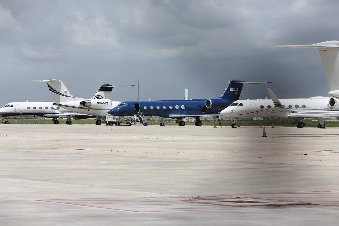 Jeffrey Epstein’s private plane, which is painted a distinctive shade of blue, is parked at Palm Beach International Airport Thursday morning, May 24, 2018. The plane landed at the airport Wednesday May 23, 2018.