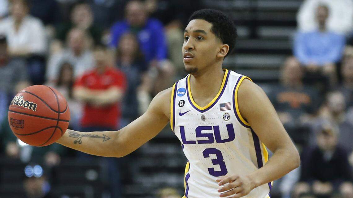 LSU’s Tremont Waters moves the ball against Maryland during the second half of the second round of a men’s college basketball game in the NCAA Tournament in Jacksonville, Fla., Saturday, March 23, 2019. (AP Photo/John Raoux)