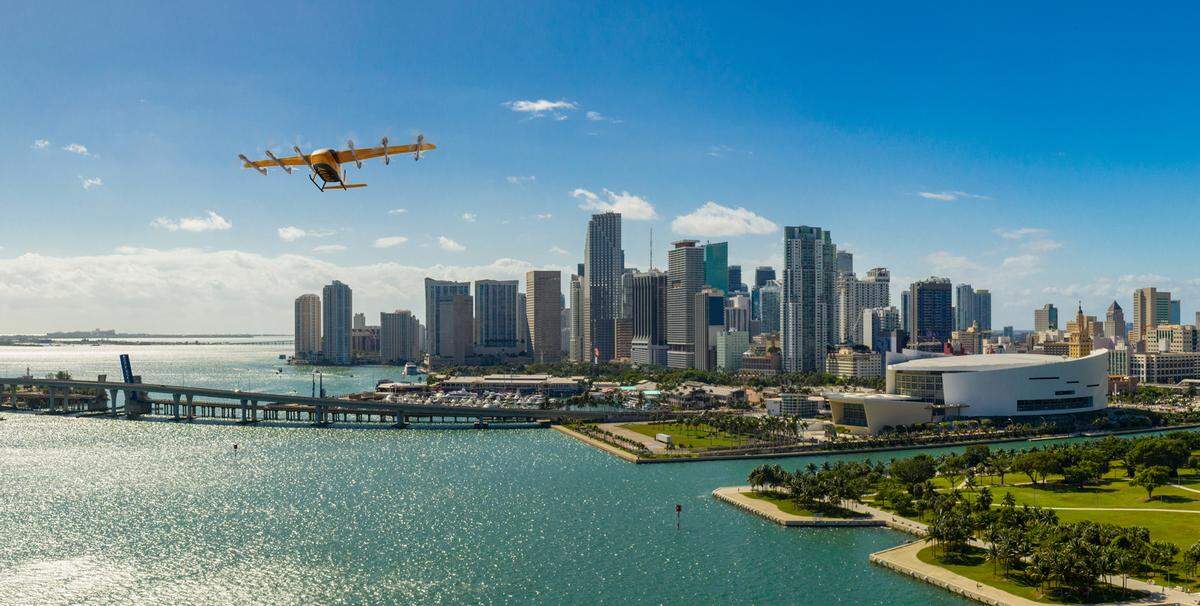In this photo illustration from the company, a sixth-generation Wisk is depicted self-flying taxi over the Miami skyline