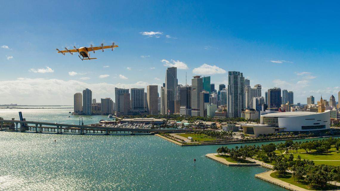 In this photo illustration from the company, a sixth-generation Wisk is depicted self-flying taxi over the Miami skyline