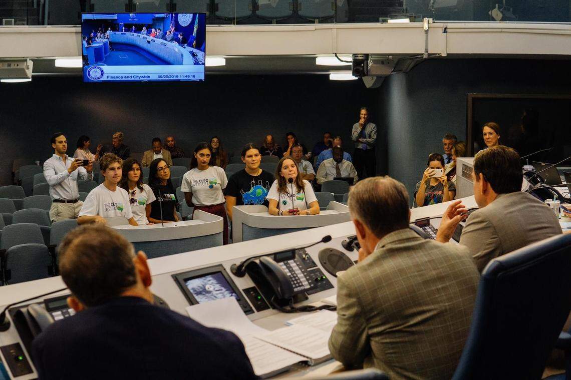 Miami youth advocates for climate change talk to the Miami Beach City Commission about a resolution declaring a “climate emergency” in September, 2019.