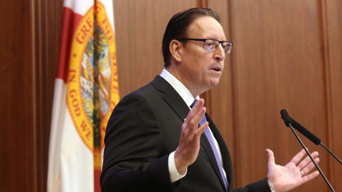Florida Senate President Bill Galvano, R- Bradenton, addresses the Florida Senate, Tuesday, January 14, 2020, on the first day of the annual 60-day session in Tallahassee.