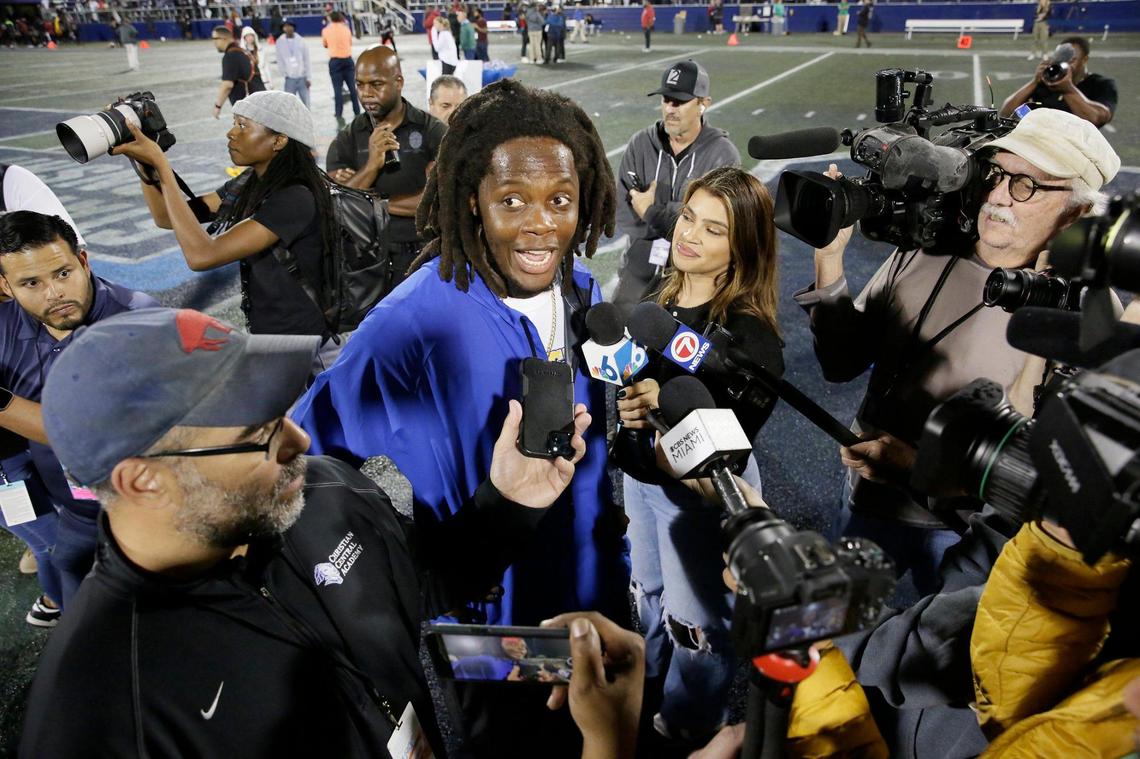 Northwestern Bulls head coach Teddy Bridgewater talks to the media after his team’s victory against Raines Vikings (Jacksonville) during Class 3A state championship football game on Saturday, December 14, 2024 at Pitbull Stadium in Miami.