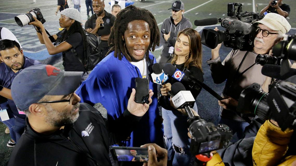 Northwestern Bulls head coach Teddy Bridgewater talks to the media after his team’s victory against Raines Vikings (Jacksonville) during Class 3A state championship football game on Saturday, December 14, 2024 at Pitbull Stadium in Miami.
