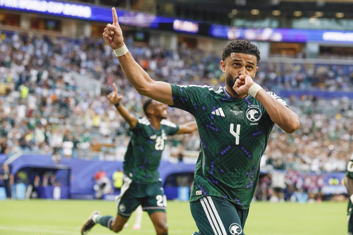 Saudi Arabia defender Abdulelah al-Amri (4) reacts after scoring in the first half during the match against Saudi Arabia during the FIFA World Cup opening match at Miami Stadium on Monday, June 15, 2026.
