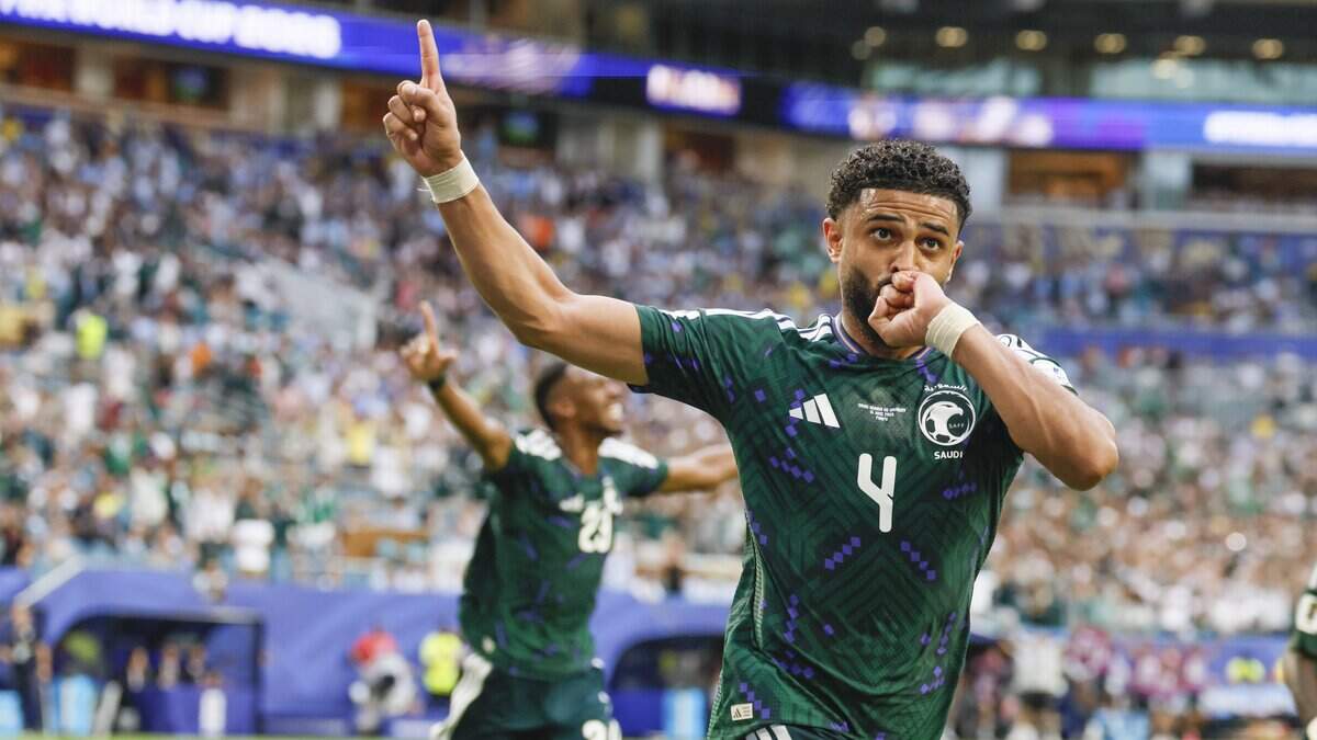 Saudi Arabia defender Abdulelah al-Amri (4) reacts after scoring in the first half during the match against Uruguay during the FIFA World Cup opening match at Miami Stadium on Monday, June 15, 2026.