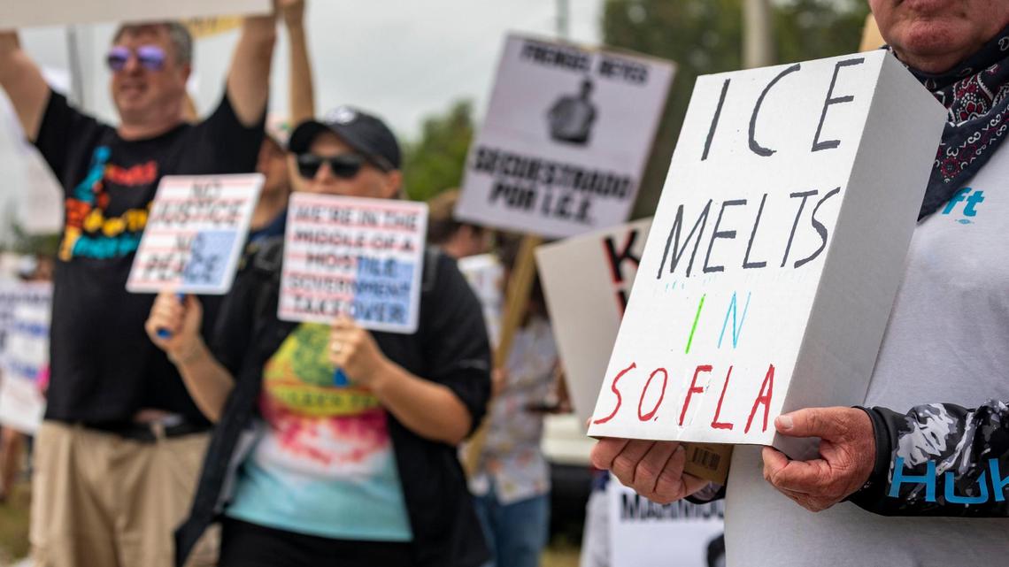 Protesters chanting and holding signs lined the side of the road on SW 177th Avenue and 12th Street to protest conditions inside Krome Detention Center on Saturday, March 29.