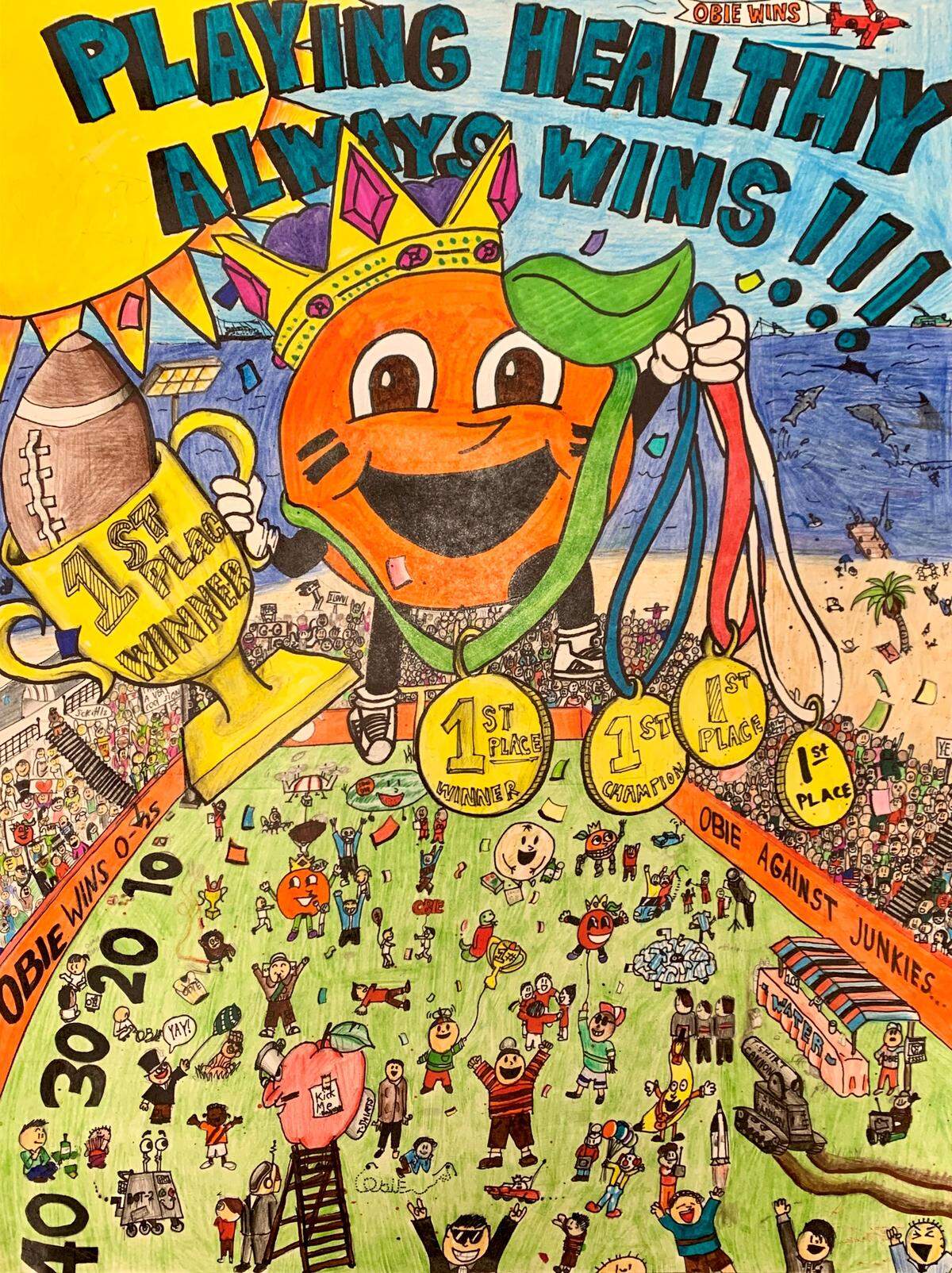 Brian Diaz from Ruben Dario Middle School won the Grand Prize in the Orange Bowl Creative Art Contest for his art depicting “Playing Healthy Always Wins.”