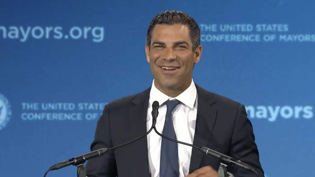 Miami Mayor Francis Suarez speaks during the winter meeting of the U.S. Conference of Mayors in Washington, D.C., on Jan. 18, 2023.