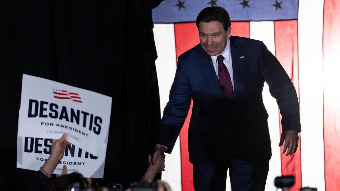 Florida Governor Ron DeSantis arrives to his caucus watch party at the Sheraton West Des Moines Hotel on Monday, Jan. 15, 2024, in West Des Moines, Iowa. Former President Donald Trump placed first in the Iowa Caucuses Monday night.