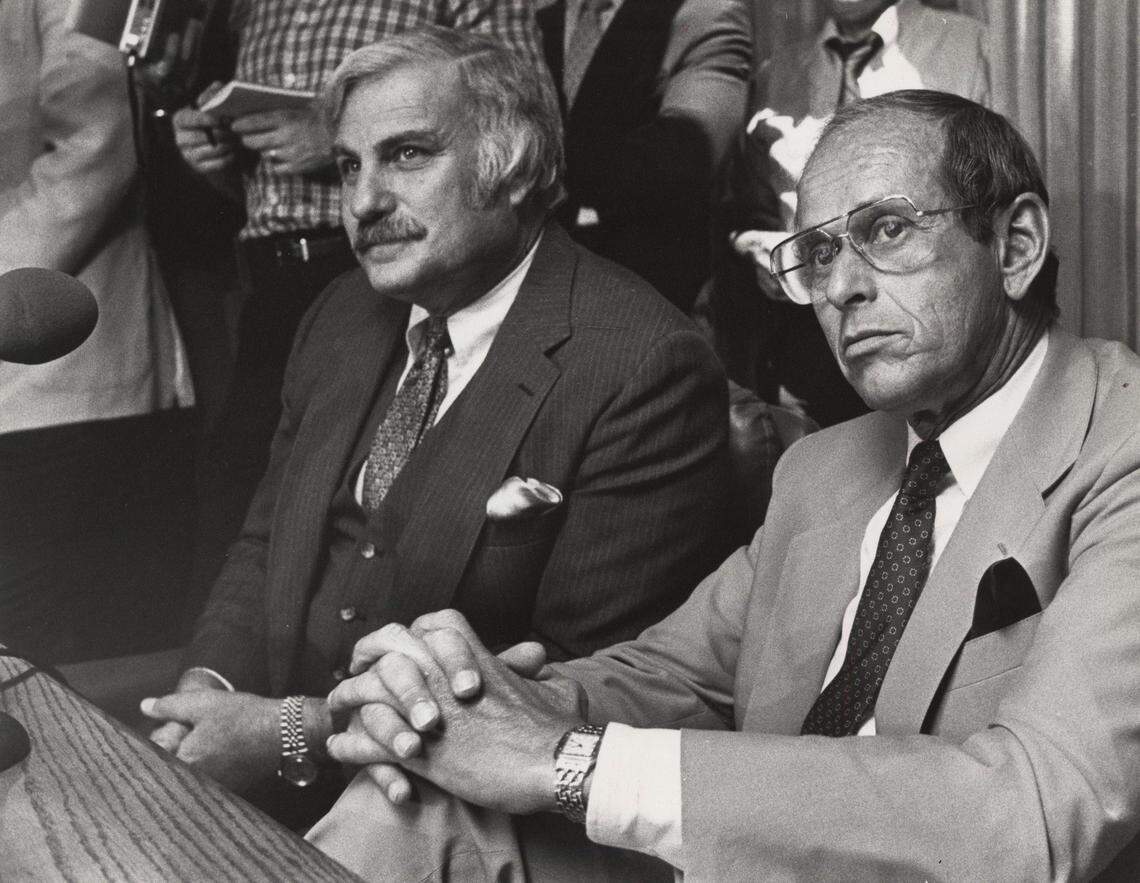 Howard Schnellenberger and Sherwood Weiser answer questions at press conference after they announced there will be no USFL team in Miami next year.