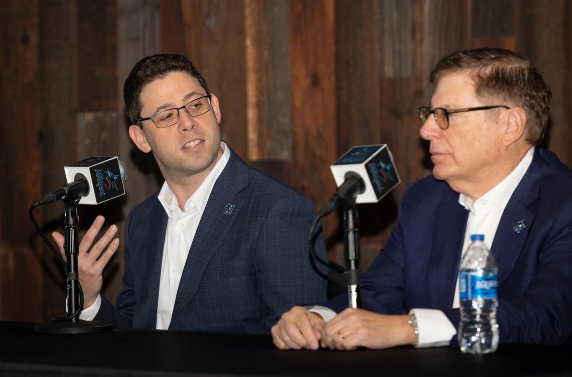 Peter Bendix, new President of Baseball Operations for the Miami Marlins, left, talks to Bruce Sherman, chairman and principal owner, during the introductory press conference on Monday, Nov. 13, 2023, at loanDepot Park in Miami, Fla.
