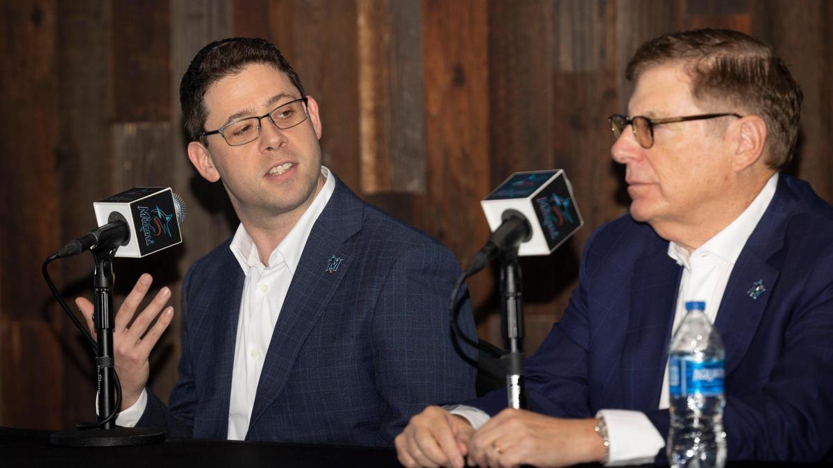 Peter Bendix, new President of Baseball Operations for the Miami Marlins, left, talks to Bruce Sherman, chairman and principal owner, during the introductory press conference on Monday, Nov. 13, 2023, at loanDepot Park in Miami, Fla.