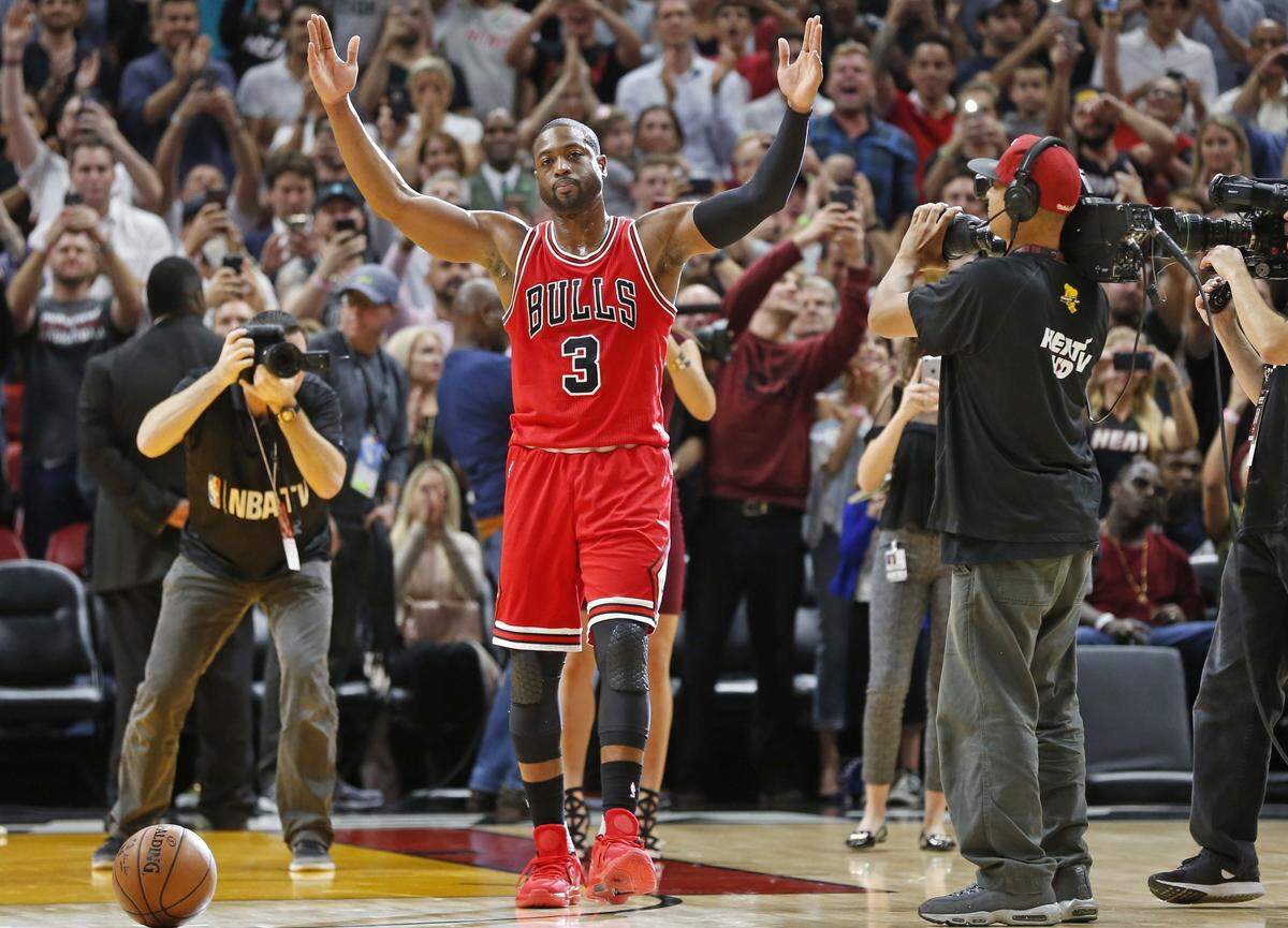 Dwyane Wade on the court during tribute as the Miami Heat hosts the Chicago Bulls and Dwyane Wade returns to AmericanAirlines Arena on Thursday, November 10, 2016