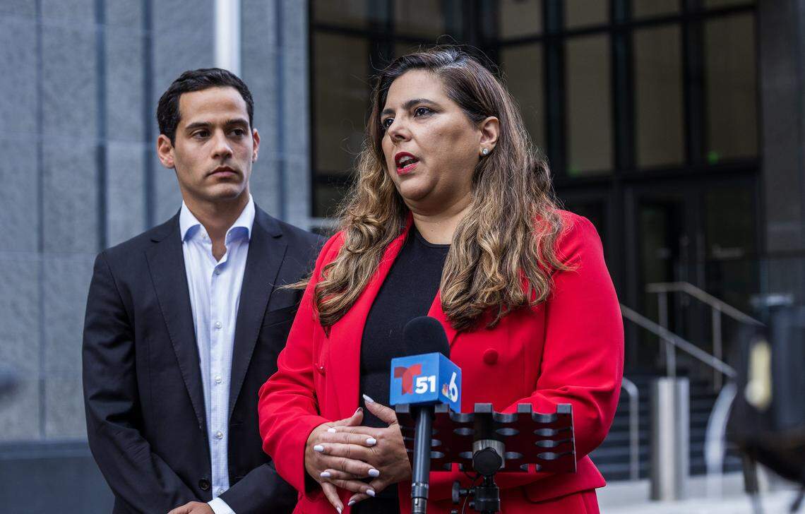Martin Langersfel and his father's attorney Maria T. Santi of Health and Medicine Law Firm, held a press conference outside of the Osvaldo N. Soto Miami-Dade Justice Center   Justice Building, after Miami-Dade Circuit Court Judge Migna Sanchez-Llorens ruled in favor of his father Pablo Langesfeld, a cancer patient whose health insurer refused to cover a recurring $48,500 cancer treatment that could save his life, in Miami on Friday, April 24, 2026.