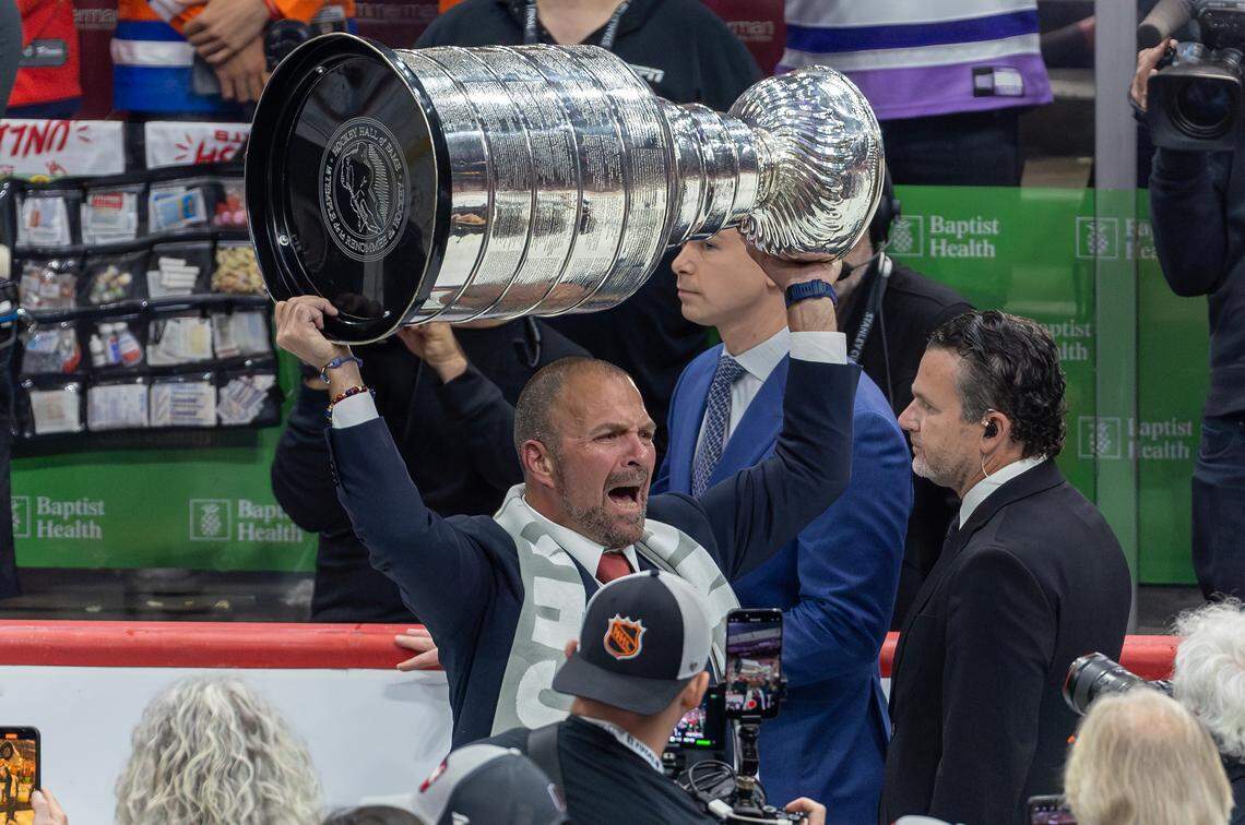 Florida Panthers General Manager, President of Hockey Operations Bill Zito lifts the Stanley Cup after the Panthers defeated the Edmonton Oilers in Game 7 of the NHL Stanley Cup Final at the Amerant Bank Arena on Monday, June 24, 2024, in Sunrise, Fla.