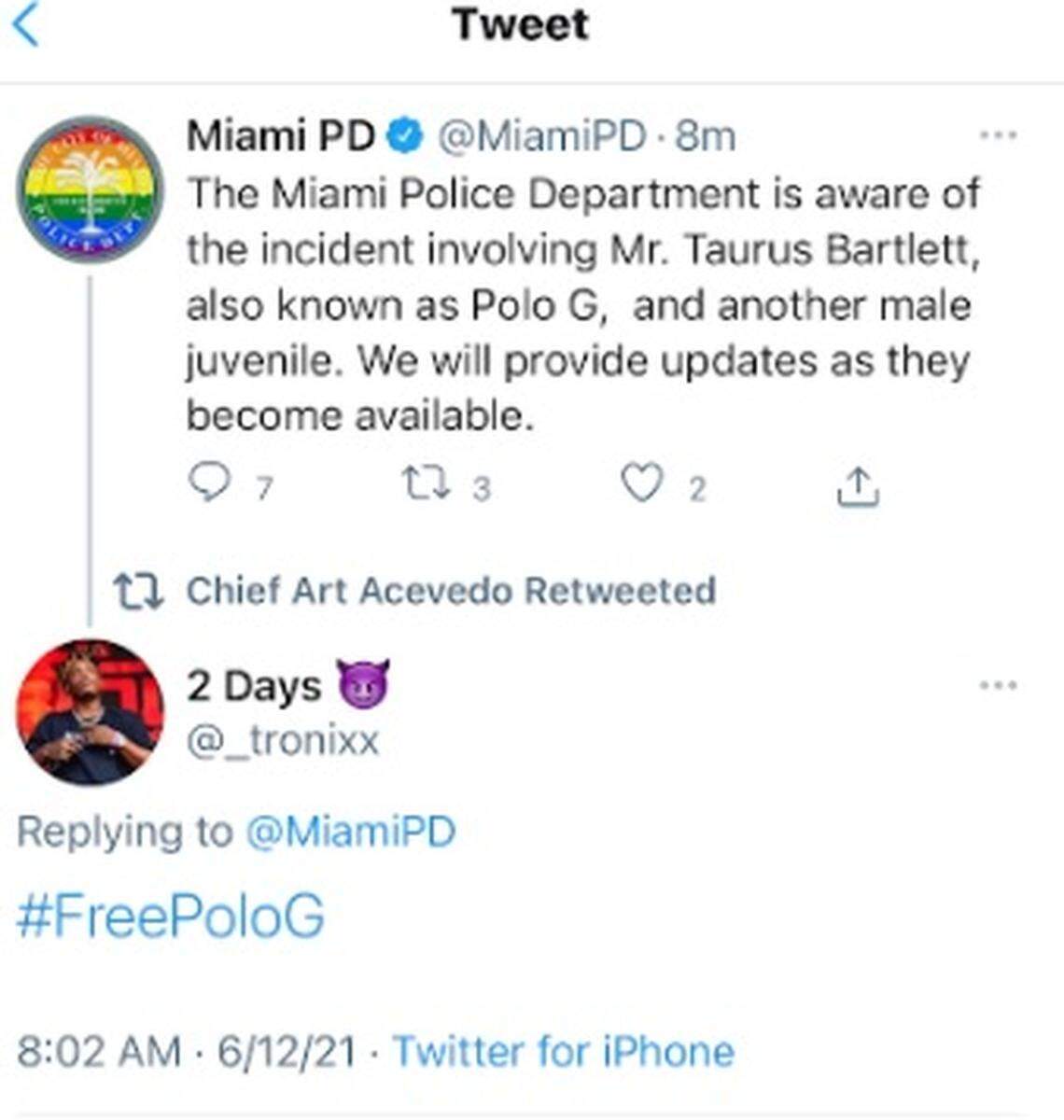 Comment section on Miami Police tweet about rapper Polo G in Miami on June 12, 2021.